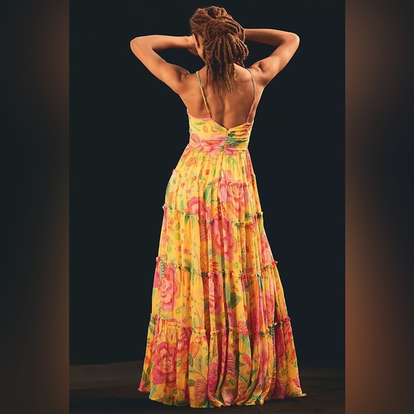 FARM Rio Macaw Bloom Gold and Pink Ruffled Tiered Maxi Dress Size M - Picture 13 of 16